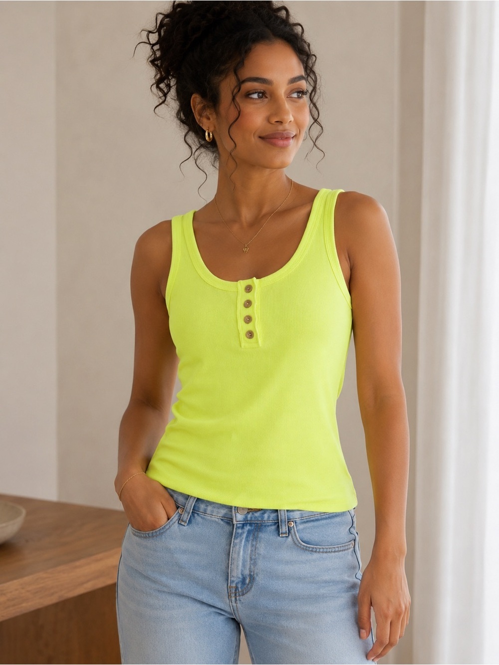 Zenana Neon Yellow Ribbed Button Front Tank Top Size: Large